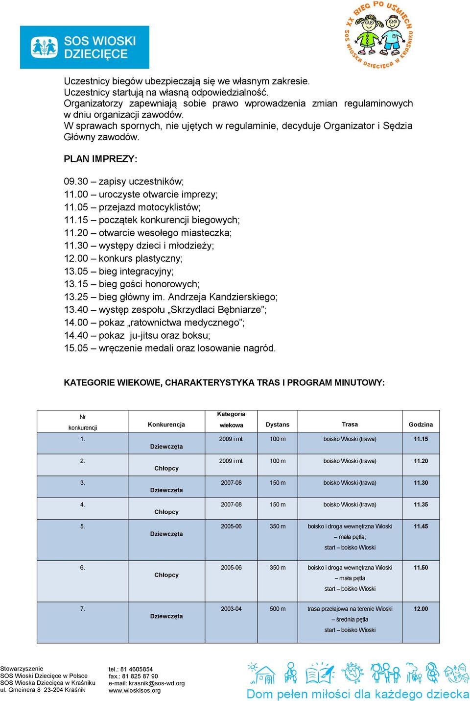 PLAN IMPREZY: 09.30 zapisy uczestników; 11.00 uroczyste otwarcie imprezy; 11.05 przejazd motocyklistów; 11.15 początek konkurencji biegowych; 11.20 otwarcie wesołego miasteczka; 11.