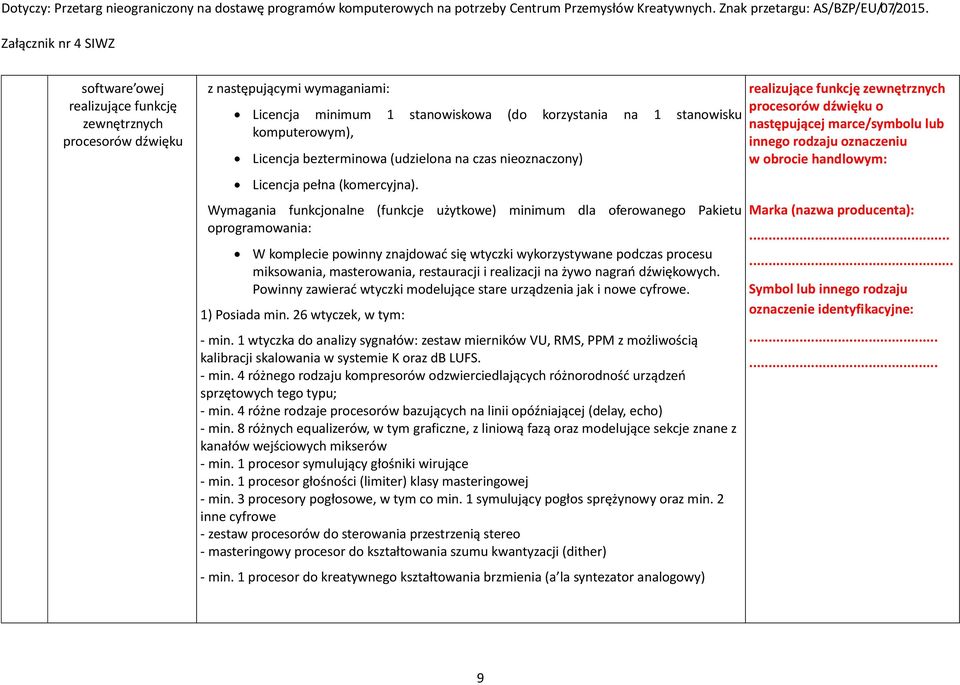 Wymagania funkcjonalne (funkcje użytkowe) minimum dla oferowanego Pakietu oprogramowania: W komplecie powinny znajdować się wtyczki wykorzystywane podczas procesu miksowania, masterowania,