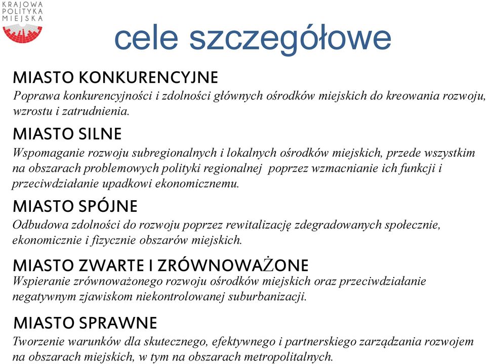 upadkowi ekonomicznemu. MIASTO SPÓJNE Odbudowa zdolności do rozwoju poprzez rewitalizację zdegradowanych społecznie, ekonomicznie i fizycznie obszarów miejskich.