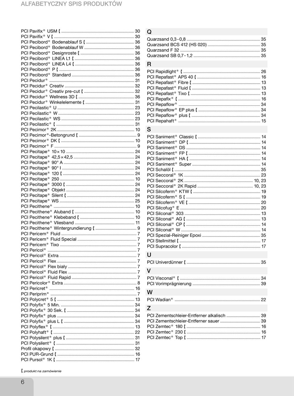 Pecilastic W 23 PCI Pecilastic WS 23 PCI Pecilastic 31 PCI Pecimor 2K 10 PCI Pecimor -Betongrund 9 PCI Pecimor DK 10 PCI Pecimor F 9 PCI Pecitape 10 10 24 PCI Pecitape 42,5 42,5 24 PCI Pecitape 90 A