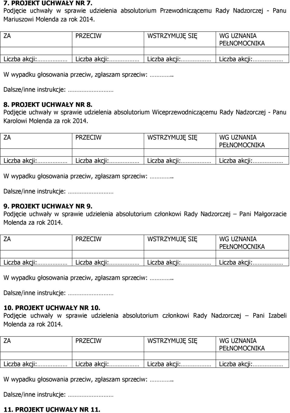 PROJEKT UCHWAŁY NR 9. Podjęcie uchwały w sprawie udzielenia absolutorium członkowi Rady Nadzorczej Pani Małgorzacie Molenda za rok 2014. 10.