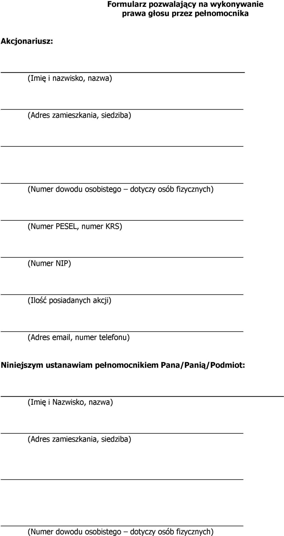 (Numer NIP) (Ilość posiadanych akcji) (Adres email, numer telefonu) Niniejszym ustanawiam pełnomocnikiem