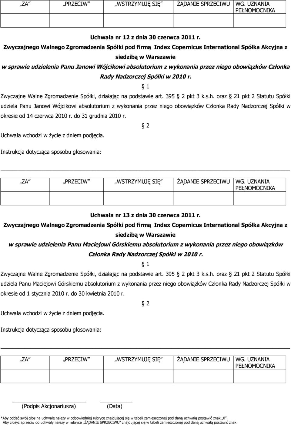 oraz 1 pkt 2 Statutu Spółki udziela Panu Janowi Wójcikowi absolutorium z wykonania przez niego obowiązków Członka Rady Nadzorczej Spółki w okresie od 14 czerwca 2010 r. do 31 grudnia 2010 r.