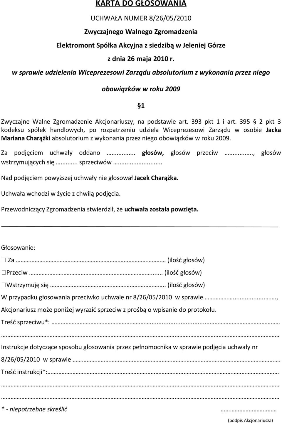 395 2 pkt 3 kodeksu spółek handlowych, po rozpatrzeniu udziela Wiceprezesowi Zarządu w osobie Jacka Mariana Charążki absolutorium z wykonania przez niego obowiązków w