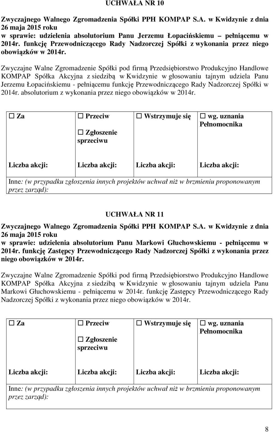 absolutorium z wykonania przez niego obowiązków w 2014r. UCHWAŁA NR 11 w sprawie: udzielenia absolutorium Panu Markowi Głuchowskiemu - pełniącemu w 2014r.