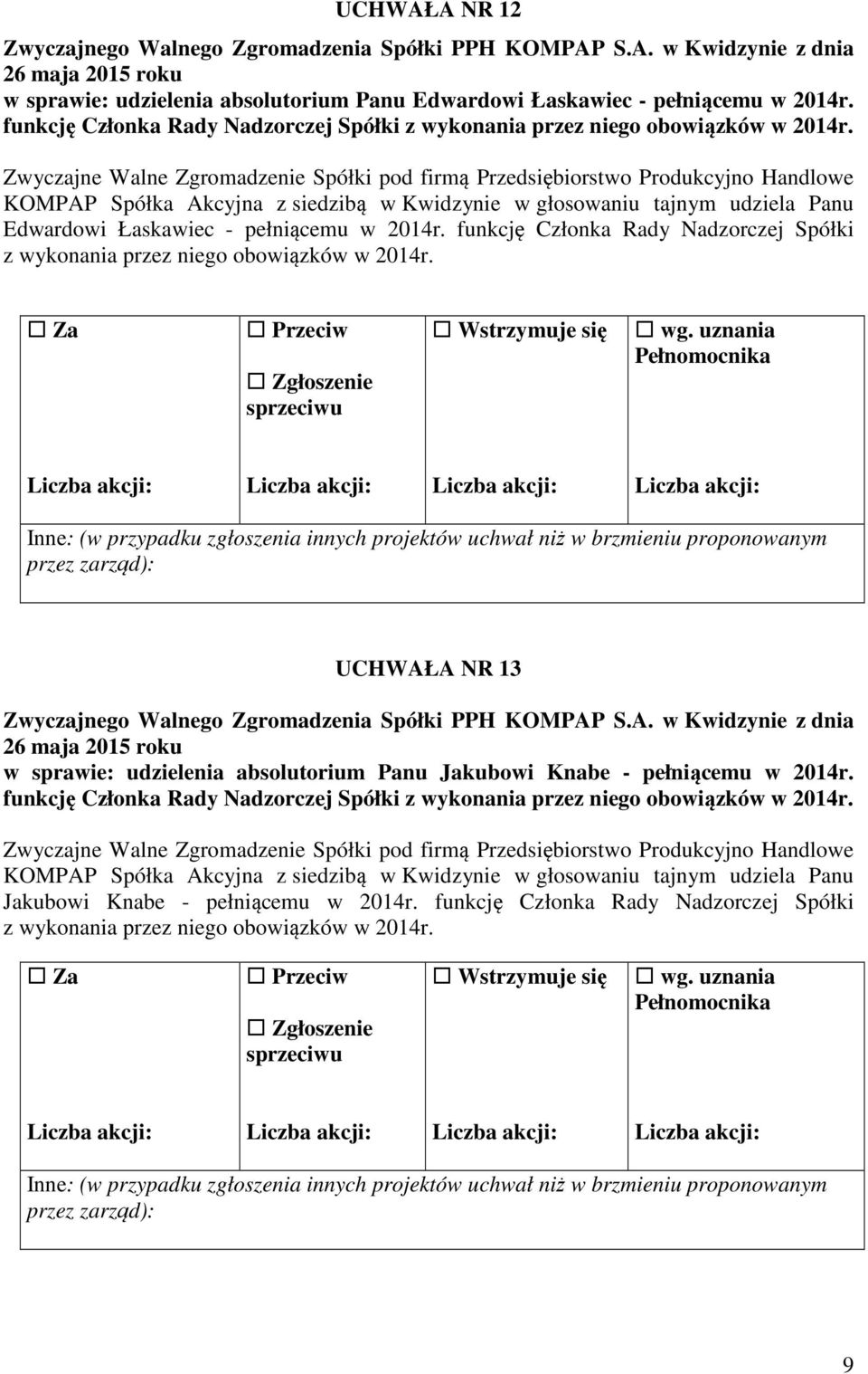 funkcję Członka Rady Nadzorczej Spółki z wykonania przez niego obowiązków w 2014r. UCHWAŁA NR 13 w sprawie: udzielenia absolutorium Panu Jakubowi Knabe - pełniącemu w 2014r.