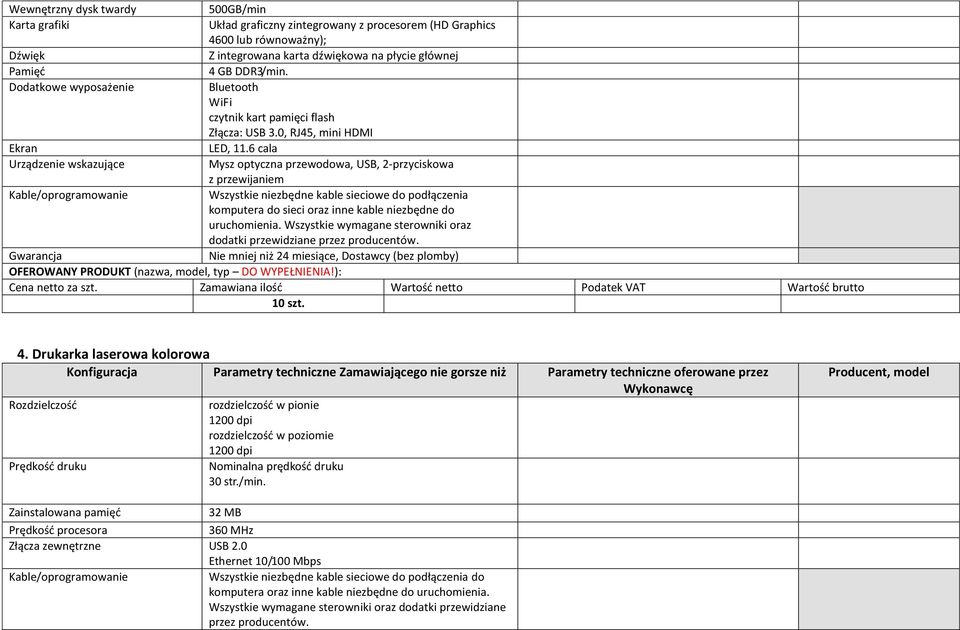 6 cala Urządzenie wskazujące Mysz optyczna przewodowa, USB, 2-przyciskowa z przewijaniem Wszystkie niezbędne kable sieciowe do podłączenia komputera do sieci oraz inne kable niezbędne do uruchomienia.