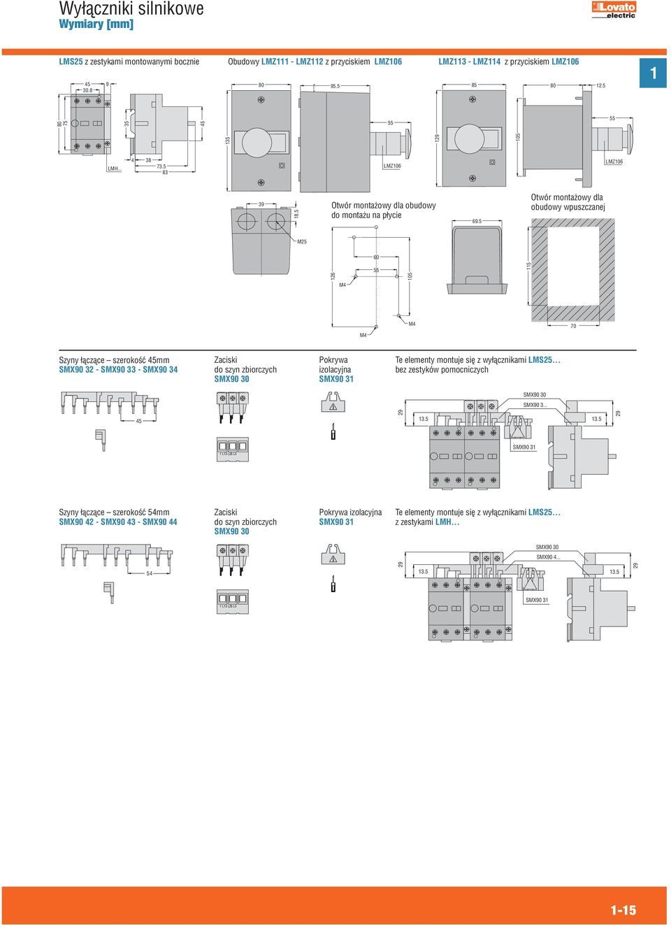Zaciski do szyn zbiorczych Pokrywa izolacyjna SMX90 3 Te elementy montuje się z wyłącznikami LMS25... bez zestyków pomocniczych SMX90 3... 45 29 3.5 3.