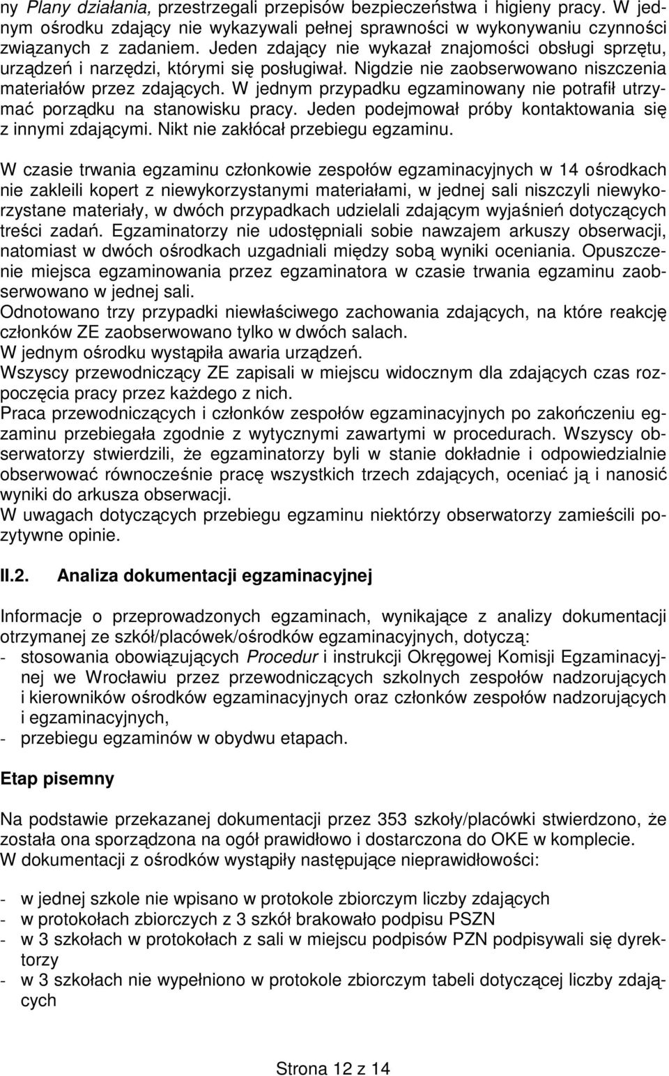 W jednym przypadku egzaminowany nie potrafił utrzymać porządku na stanowisku pracy. Jeden podejmował próby kontaktowania się z innymi zdającymi. Nikt nie zakłócał przebiegu egzaminu.
