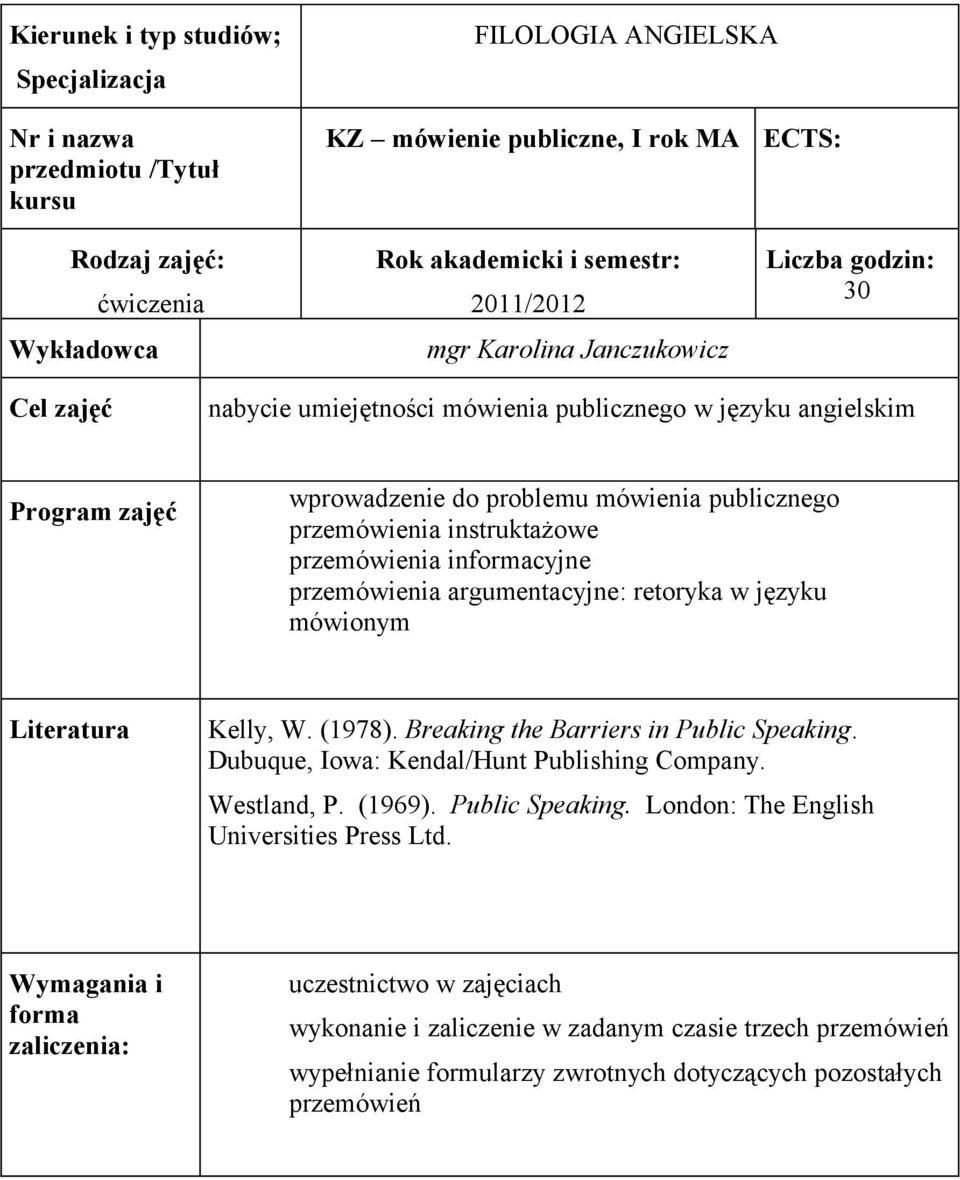 instruktażowe przemówienia informacyjne przemówienia argumentacyjne: retoryka w języku mówionym Literatura Kelly, W. (1978). Breaking the Barriers in Public Speaking.