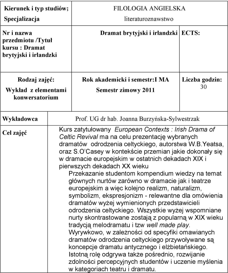 Joanna Burzyńska-Sylwestrzak Kurs zatytułowany European Contexts : Irish Drama of Celtic Revival ma na celu prezentację wybranych dramatów odrodzenia celtyckiego, autorstwa W.B.Yeatsa, oraz S.
