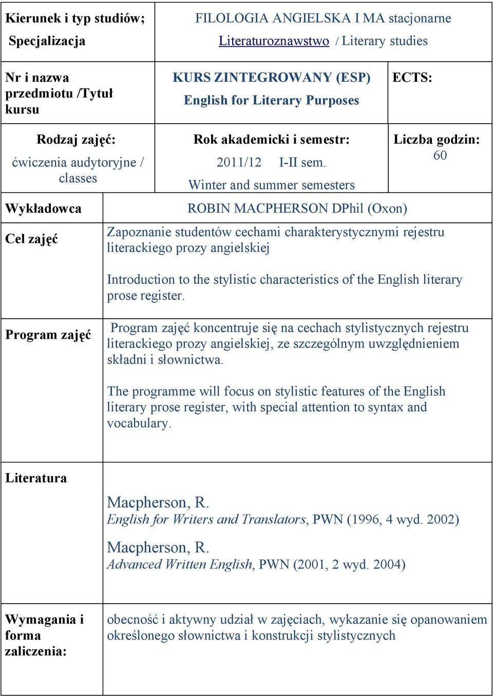 Winter and summer semesters ROBIN MACPHERSON DPhil (Oxon) Liczba godzin: 60 Zapoznanie studentów cechami charakterystycznymi rejestru literackiego prozy angielskiej Introduction to the stylistic