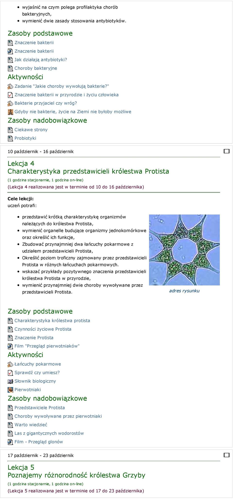 Gdyby nie bakterie, życie na Ziemi nie byłoby możliwe Ciekawe strony Probiotyki 10 październik - 16 październik Lekcja 4 Charakterystyka przedstawicieli królestwa Protista (1 godzina stacjonarnie, 1