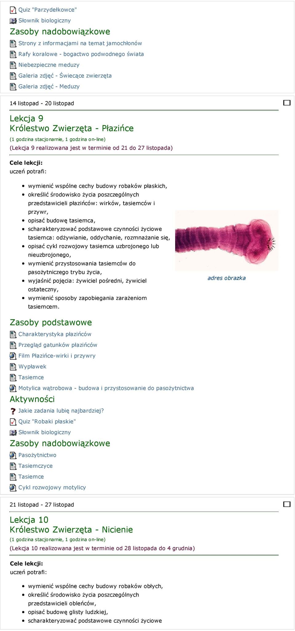 cechy budowy robaków płaskich, określić środowisko życia poszczególnych przedstawicieli płazińców: wirków, tasiemców i przywr, opisać budowę tasiemca, scharakteryzować podstawowe czynności życiowe