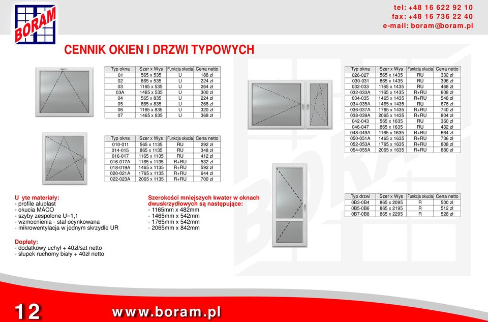 Cena netto 188 zł 224 zł 264 zł 300 zł 224 zł 268 zł 320 zł 368 zł Cena netto 292 zł 348 zł 412 zł 532 zł 592 zł 644 zł 700 zł Typ okna 026-027 030-031 032-033 032-033A 034-035 034-035A 036-037A