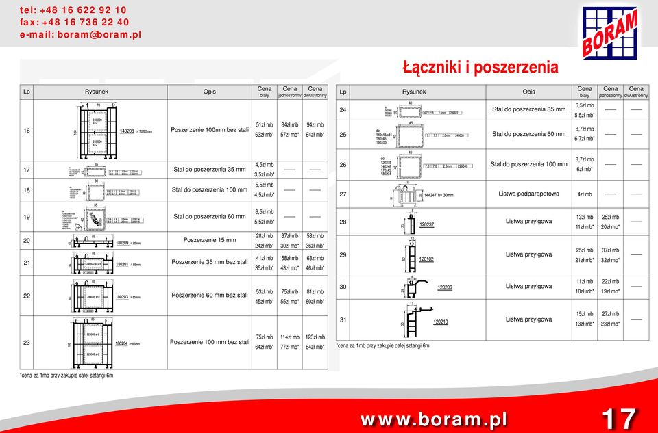 mm 8,7zł mb 6zł mb* 18 Stal do poszerzenia 100 mm 5,5zł mb 4,5zł mb* 27 Listwa podparapetowa 4zł mb 19 20 21 Stal do poszerzenia 60 mm Poszerzenie 15 mm Poszerzenie 35 mm bez stali 6,5zł mb 5,5zł mb*