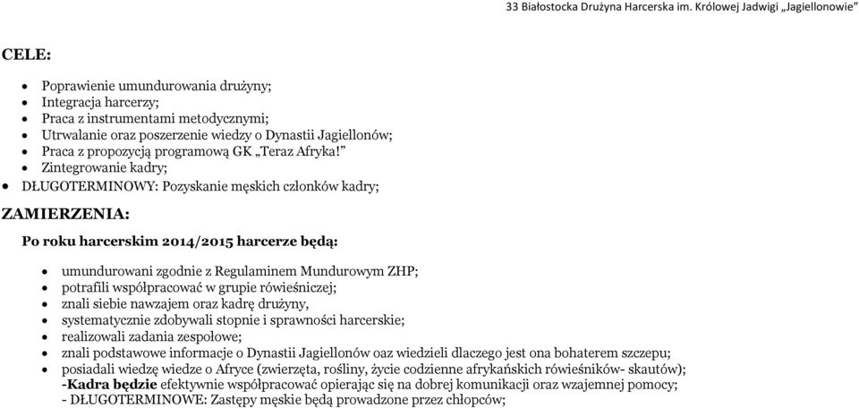Zintegrowanie kadry; DŁUGOTERMINOWY: Pozyskanie męskich członków kadry; ZAMIERZENIA: Po roku harcerskim /2015 harcerze będą: umundurowani zgodnie z Regulaminem Mundurowym ZHP; potrafili współpracować
