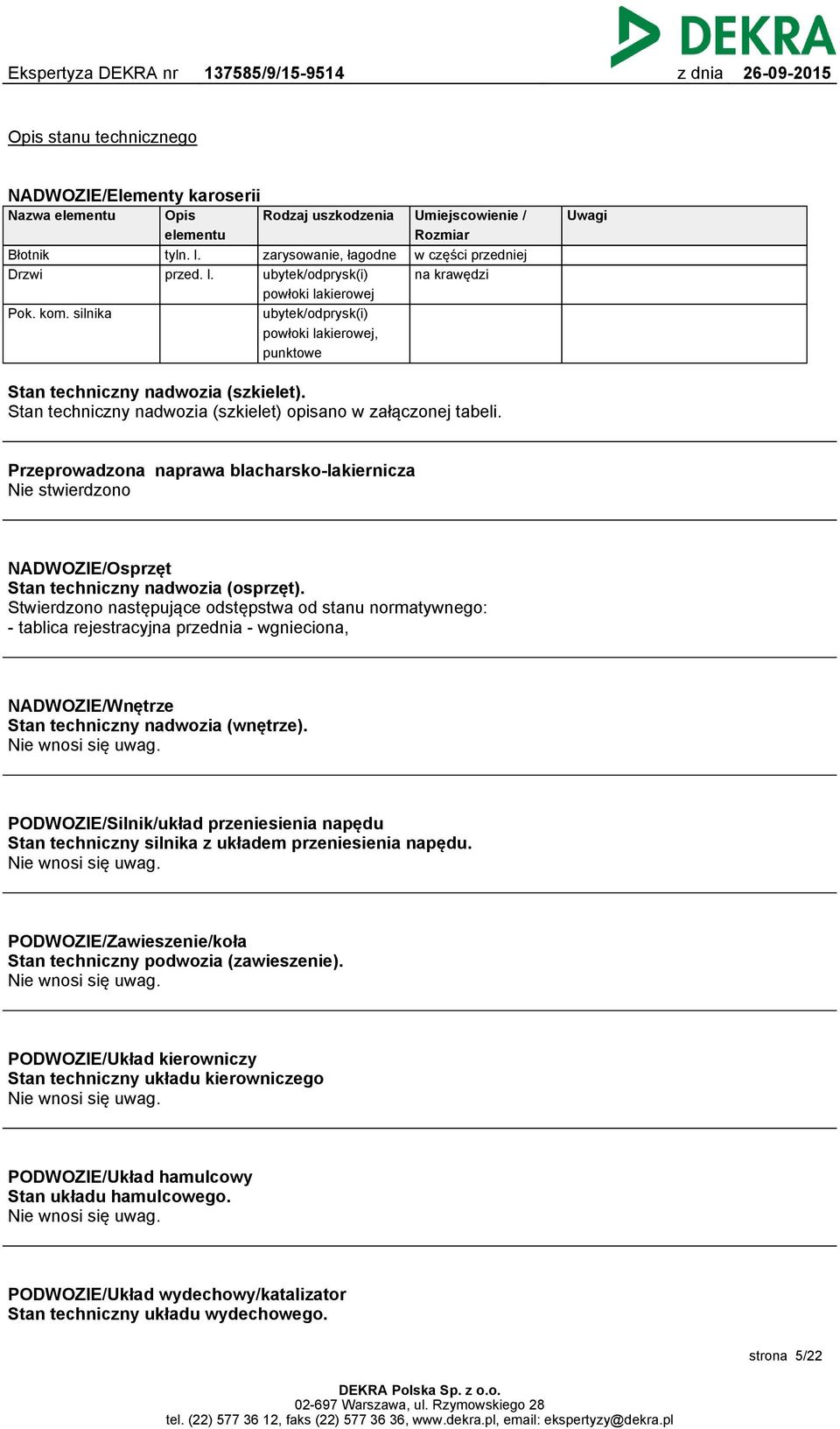 techniczny nadwozia (szkielet). Stan techniczny nadwozia (szkielet) opisano w załączonej tabeli.