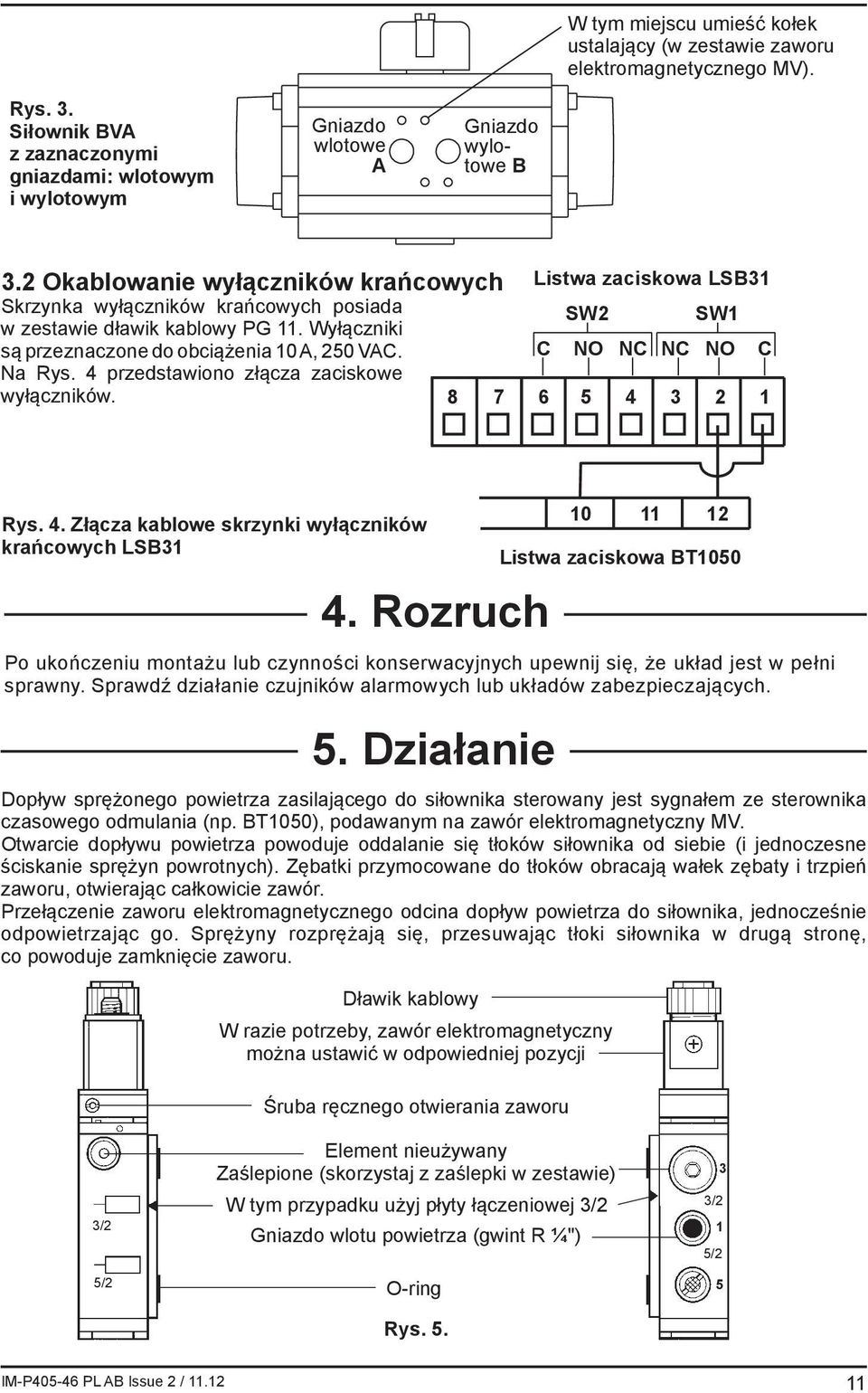 Na Rys. 4 przedstawiono złącza zaciskowe C NO NC NC NO C wyłączników. 8 7 6 5 4 3 2 1 Rys. 4. Złącza kablowe skrzynki wyłączników krańcowych LSB31 4. Rozruch 5.
