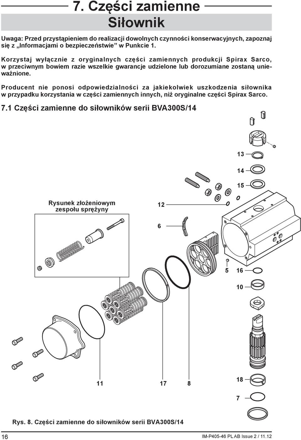 Producent nie ponosi odpowiedzialności za jakiekolwiek uszkodzenia siłownika w przypadku korzystania w części zamiennych innych, niż oryginalne części Spirax Sarco. 7.