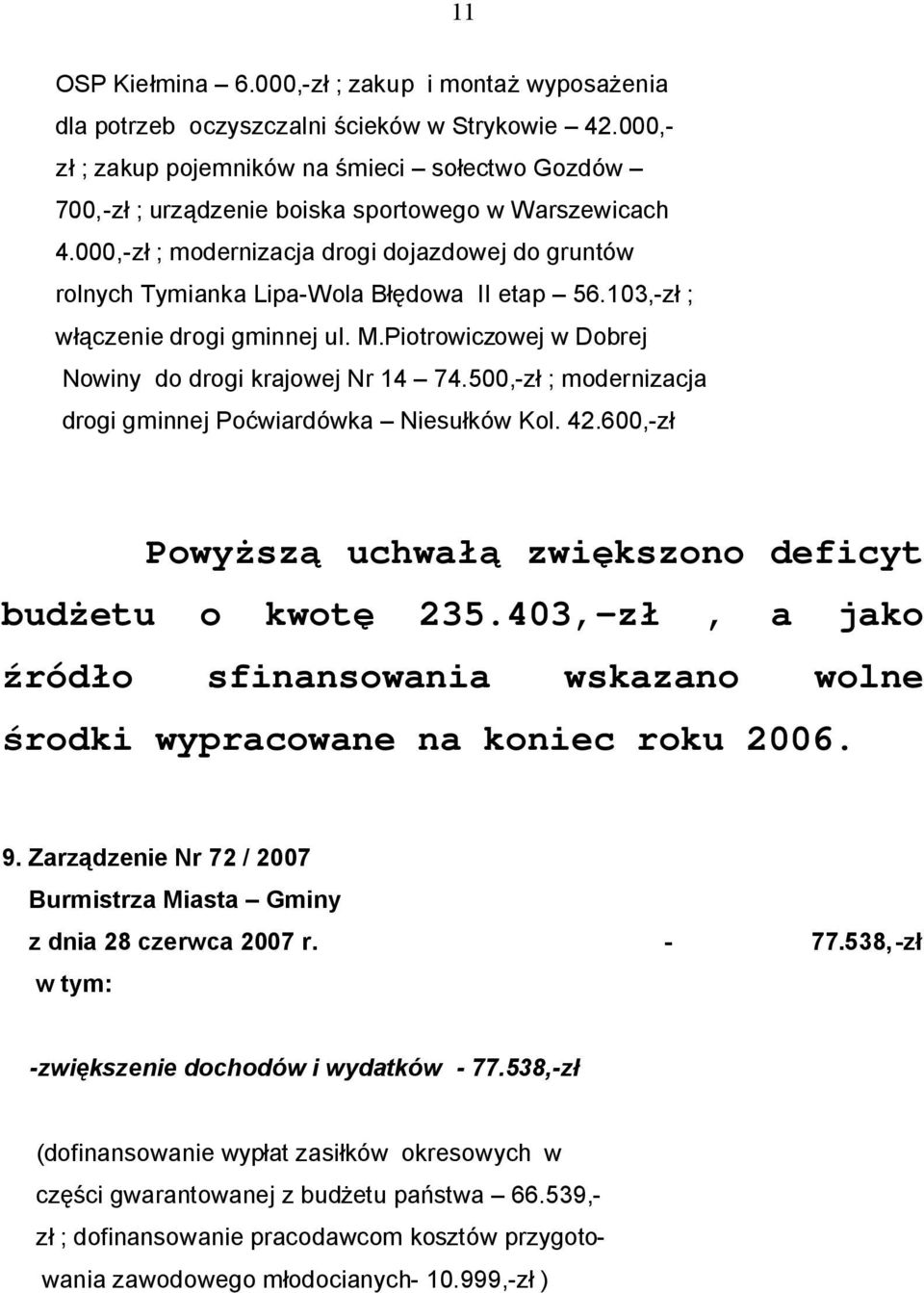 000,-zł ; modernizacja drogi dojazdowej do gruntów rolnych Tymianka Lipa-Wola Błędowa II etap 56.103,-zł ; włączenie drogi gminnej ul. M.Piotrowiczowej w Dobrej Nowiny do drogi krajowej Nr 14 74.
