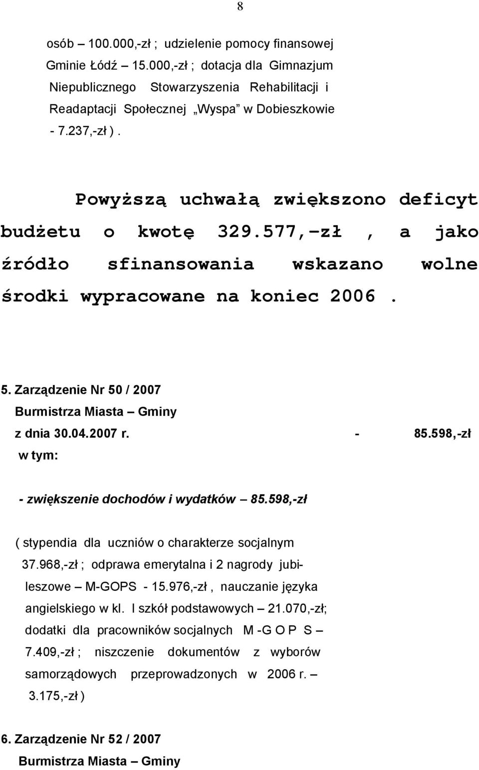 Zarządzenie Nr 50 / 2007 Burmistrza Miasta Gminy z dnia 30.04.2007 r. - 85.598,-zł w tym: - zwiększenie dochodów i wydatków 85.598,-zł ( stypendia dla uczniów o charakterze socjalnym 37.