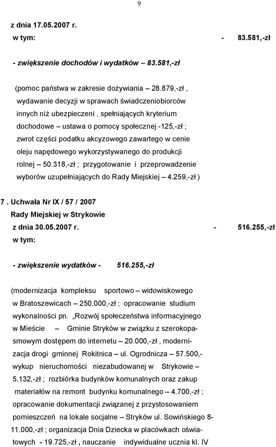 cenie oleju napędowego wykorzystywanego do produkcji rolnej 50.318,-zł ; przygotowanie i przeprowadzenie wyborów uzupełniających do Rady Miejskiej 4.259,-zł ) 7.