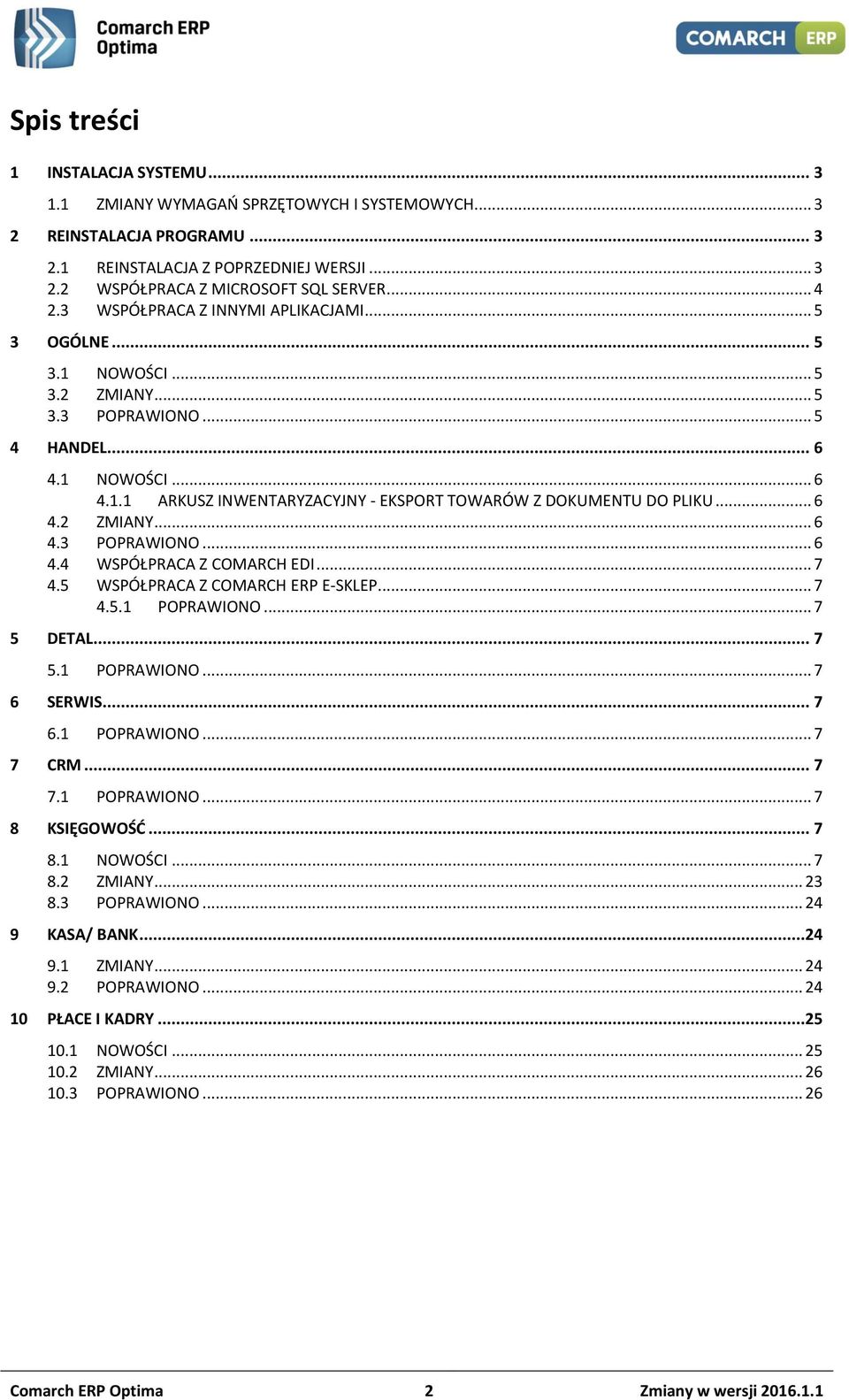 .. 6 4.2 ZMIANY... 6 4.3 POPRAWIONO... 6 4.4 WSPÓŁPRACA Z COMARCH EDI... 7 4.5 WSPÓŁPRACA Z COMARCH ERP E-SKLEP... 7 4.5.1 POPRAWIONO... 7 5 DETAL... 7 5.1 POPRAWIONO... 7 6 SERWIS... 7 6.1 POPRAWIONO... 7 7 CRM.