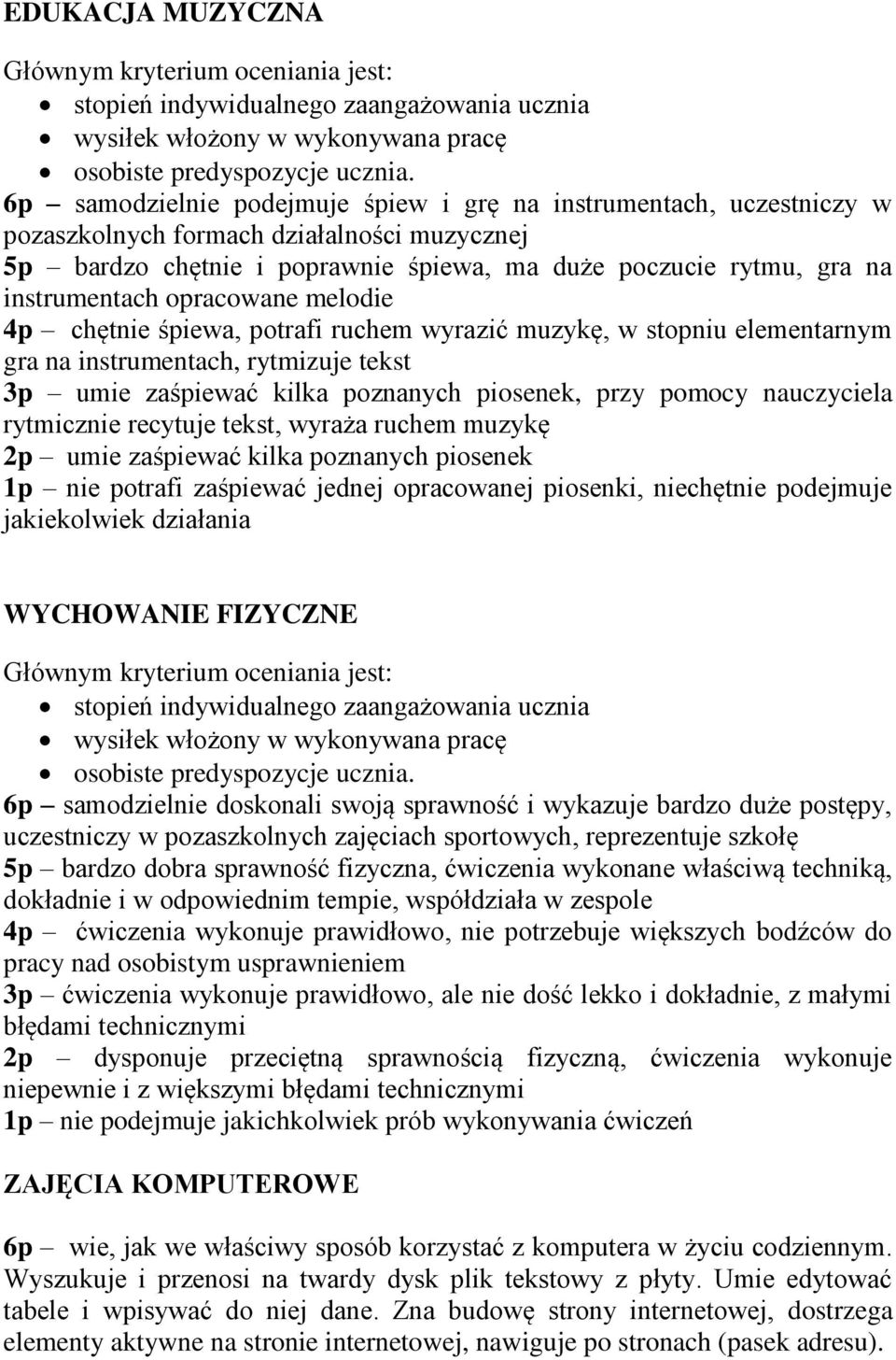 opracowane melodie 4p chętnie śpiewa, potrafi ruchem wyrazić muzykę, w stopniu elementarnym gra na instrumentach, rytmizuje tekst 3p umie zaśpiewać kilka poznanych piosenek, przy pomocy nauczyciela