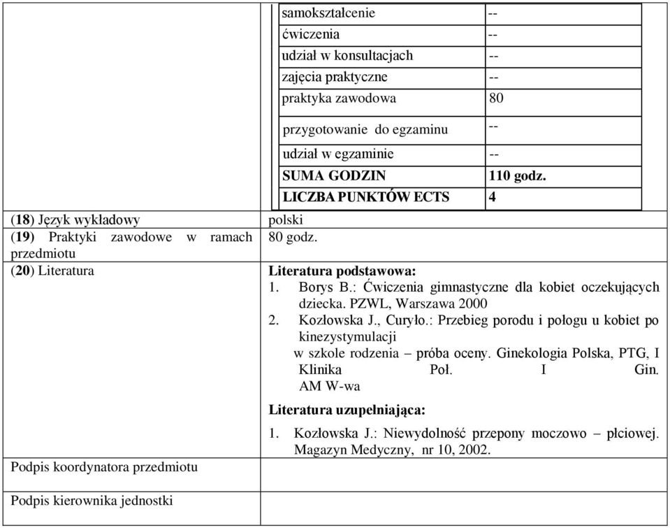 : Ćwiczenia gimnastyczne dla kobiet oczekujących dziecka. PZWL, Warszawa 2000 2. Kozłowska J., Curyło.