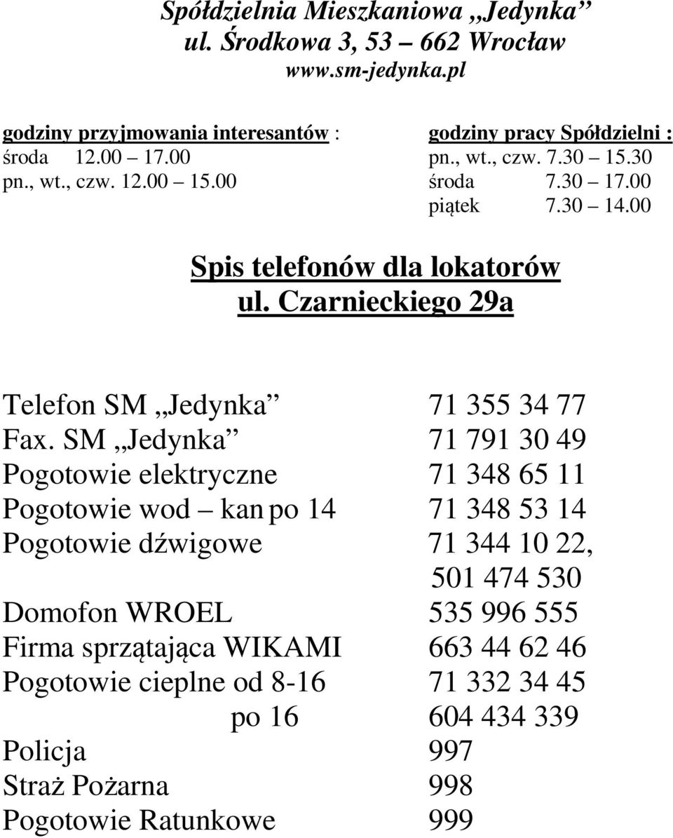 71 344 10 22, 501 474 530 Pogotowie