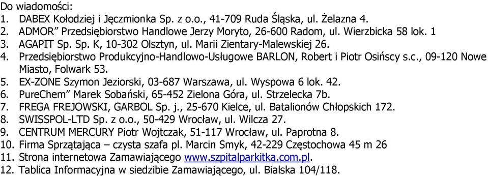 Wyspowa 6 lok. 42. 6. PureChem Marek Sobański, 65-452 Zielona Góra, ul. Strzelecka 7b. 7. FREGA FREJOWSKI, GARBOL Sp. j., 25-670 Kielce, ul. Batalionów Chłopskich 172. 8. SWISSPOL-LTD Sp. z o.o., 50-429 Wrocław, ul.