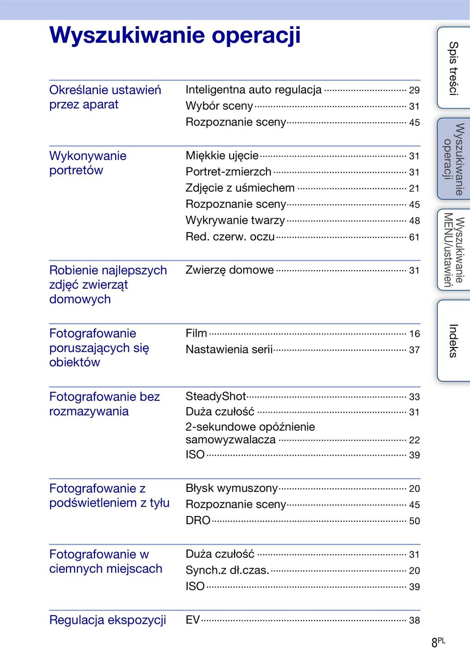 oczu 61 Zwierzę domowe 31 Fotografowanie poruszających się obiektów Film 16 Nastawienia serii 37 Fotografowanie bez rozmazywania SteadyShot 33 Duża czułość 31 2-sekundowe