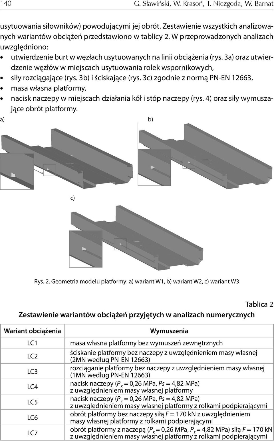 3a) oraz utwierdzenie węzłów w miejscach usytuowania rolek wspornikowych, siły rozciągające (rys. 3b) i ściskające (rys.