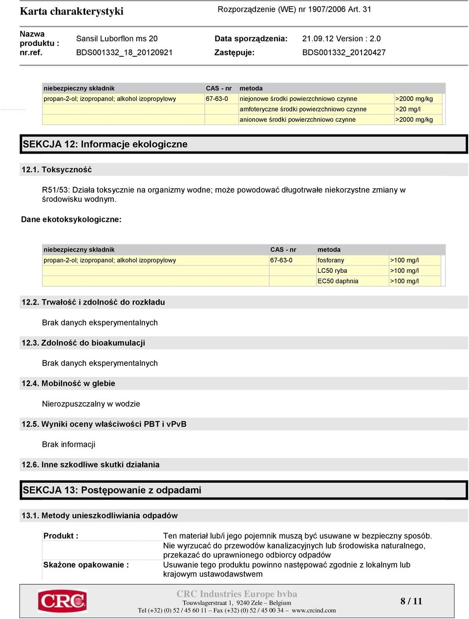 Dane ekotoksykologiczne: niebezpieczny składnik CAS - nr metoda propan-2-ol; izopropanol; alkohol izopropylowy 67-63-0 fosforany >100 mg/l LC50 ryba >100 mg/l EC50 daphnia >100 mg/l 12.2. Trwałość i zdolność do rozkładu Brak danych eksperymentalnych 12.