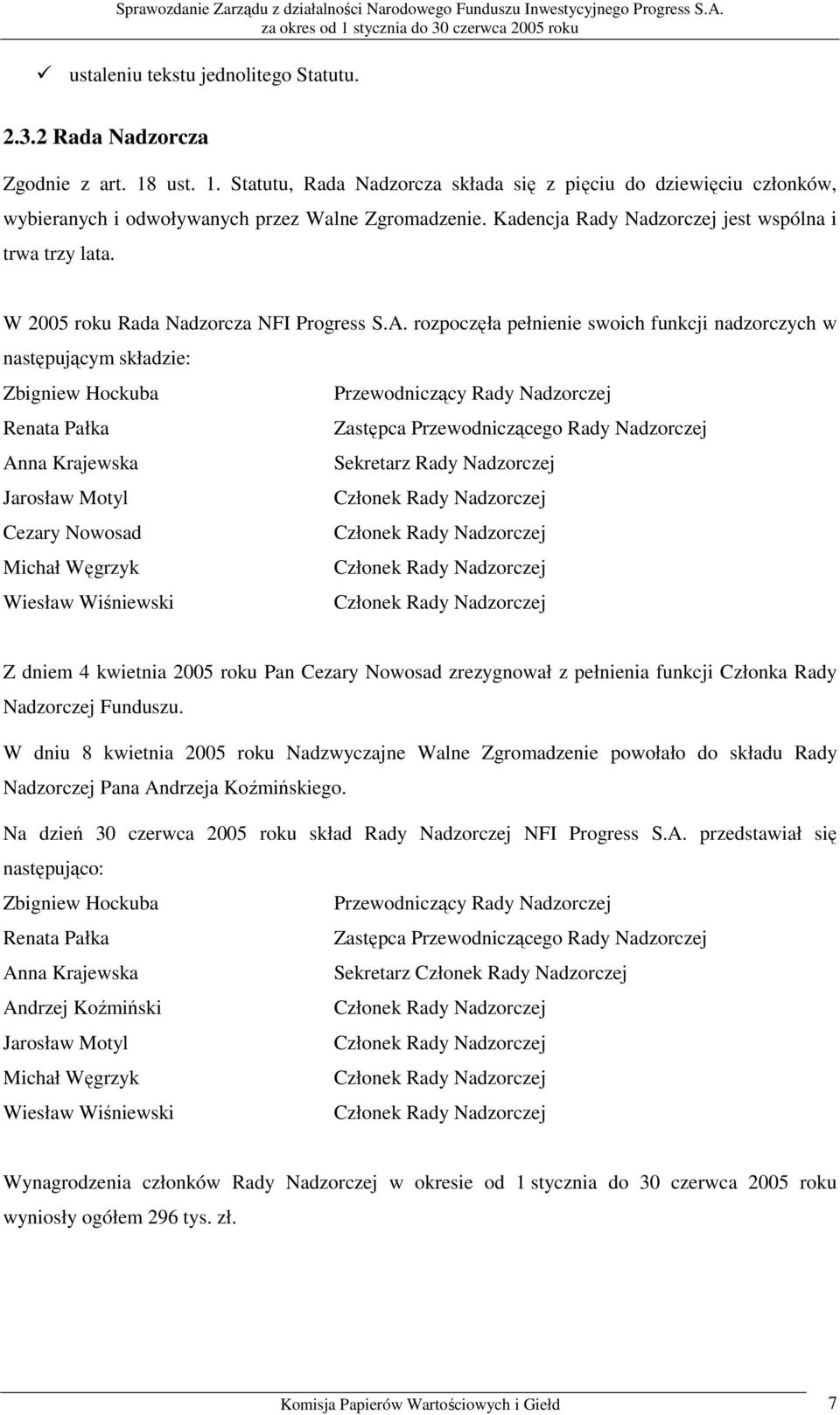 rozpoczęła pełnienie swoich funkcji nadzorczych w następującym składzie: Zbigniew Hockuba Przewodniczący Rady Nadzorczej Renata Pałka Zastępca Przewodniczącego Rady Nadzorczej Anna Krajewska