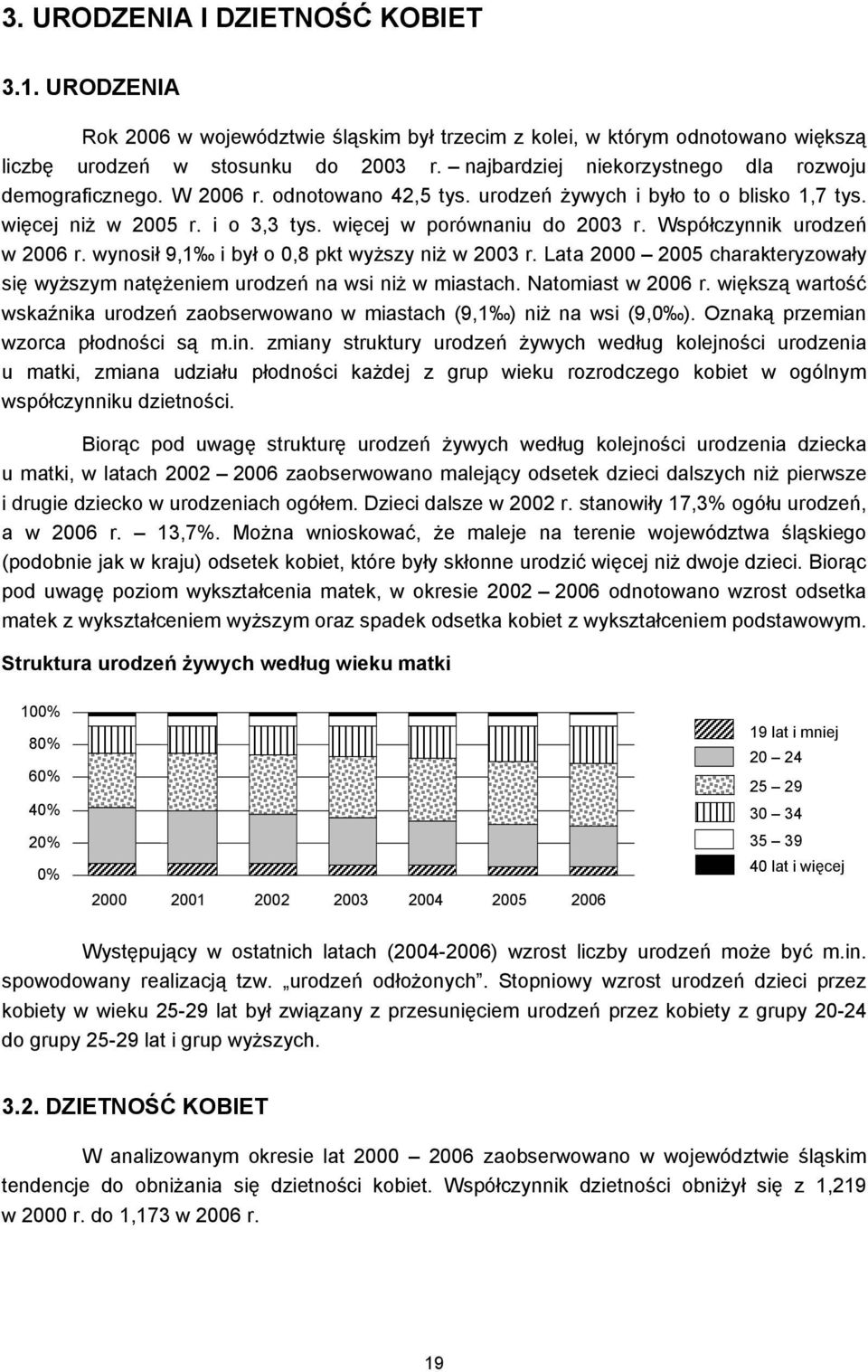 Współczynnik urodzeń w 2006 r. wynosił 9,1 i był o 0,8 pkt wyższy niż w 2003 r. Lata 2000 2005 charakteryzowały się wyższym natężeniem urodzeń na wsi niż w miastach. Natomiast w 2006 r.