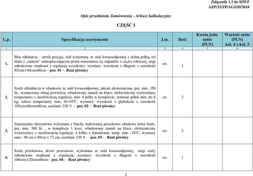 wysokoci, wymiary: wysoko x długo x szeroko 85cmx140cmx60cm poz. 01 Rzut szt. 1 2. Szafa chłodnicza w obudowie ze stali kwasoodpornej, jako ekonomiczna, poj. min. 350 lit.