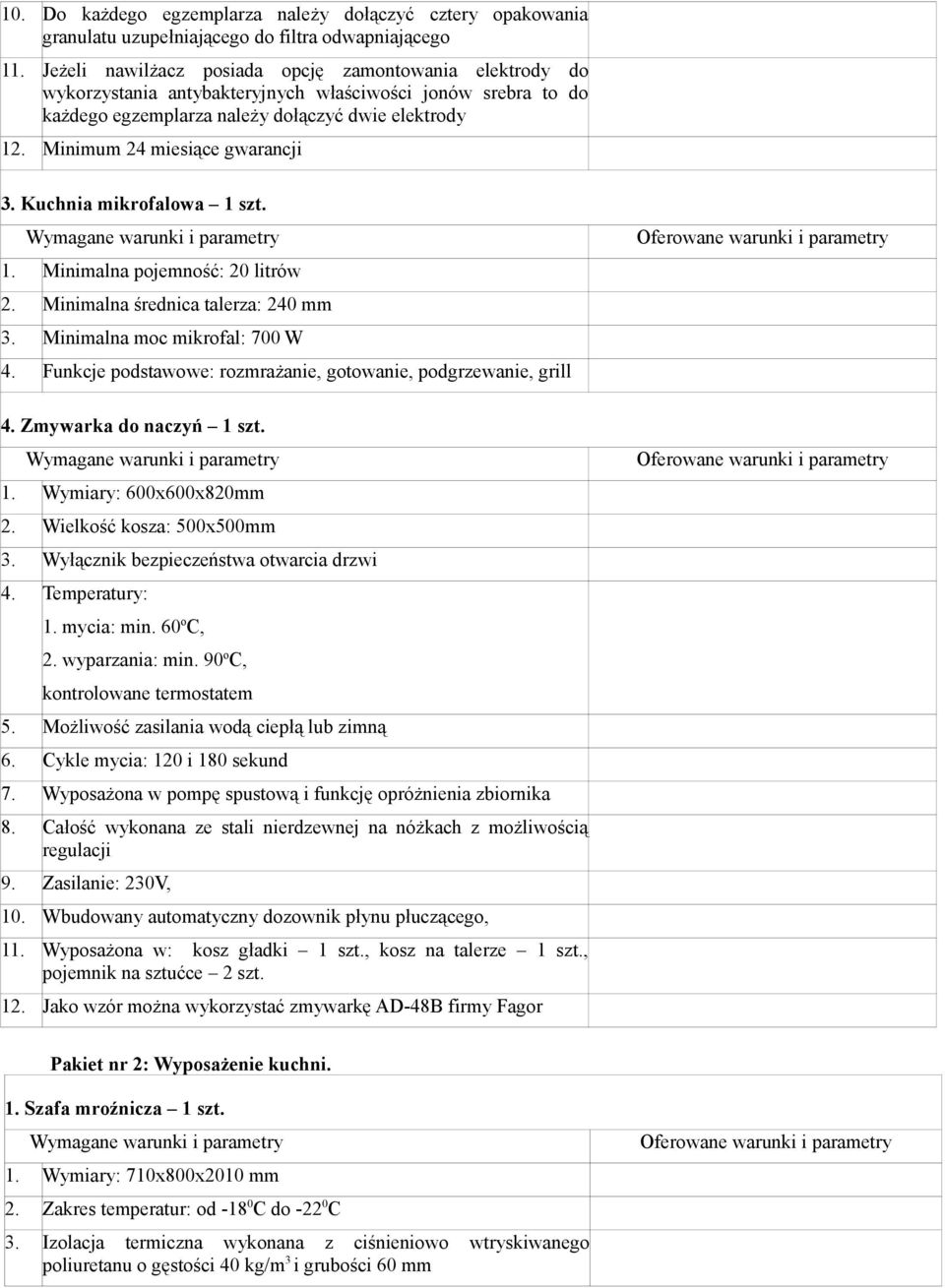 Minimum 24 miesiące gwarancji 3. Kuchnia mikrofalowa 1 szt. 1. Minimalna pojemność: 20 litrów 2. Minimalna średnica talerza: 240 mm 3. Minimalna moc mikrofal: 700 W 4.