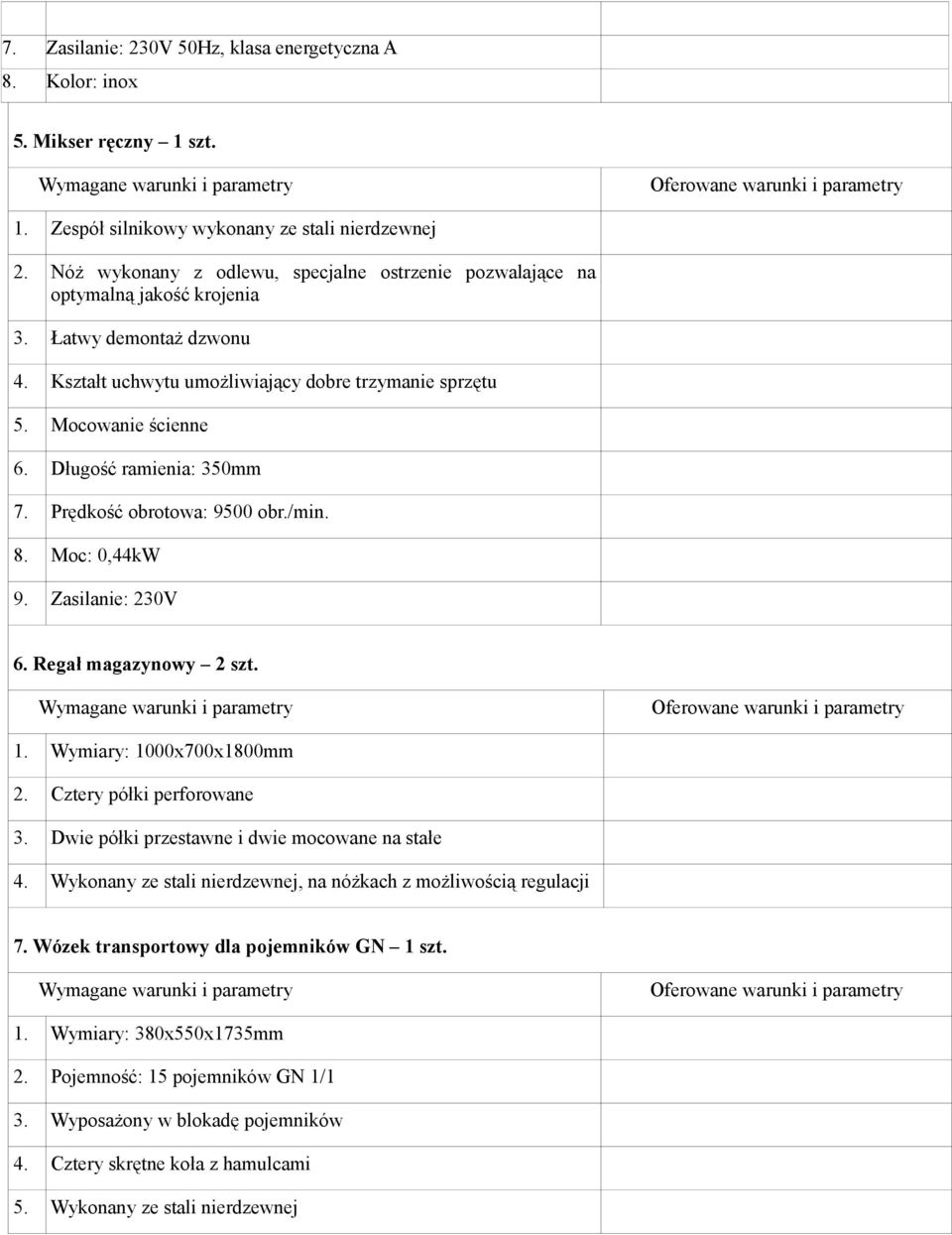 Długość ramienia: 350mm 7. Prędkość obrotowa: 9500 obr./min. 8. Moc: 0,44kW 9. Zasilanie: 230V 6. Regał magazynowy 2 szt. 1. Wymiary: 1000x700x1800mm 2. Cztery półki perforowane 3.