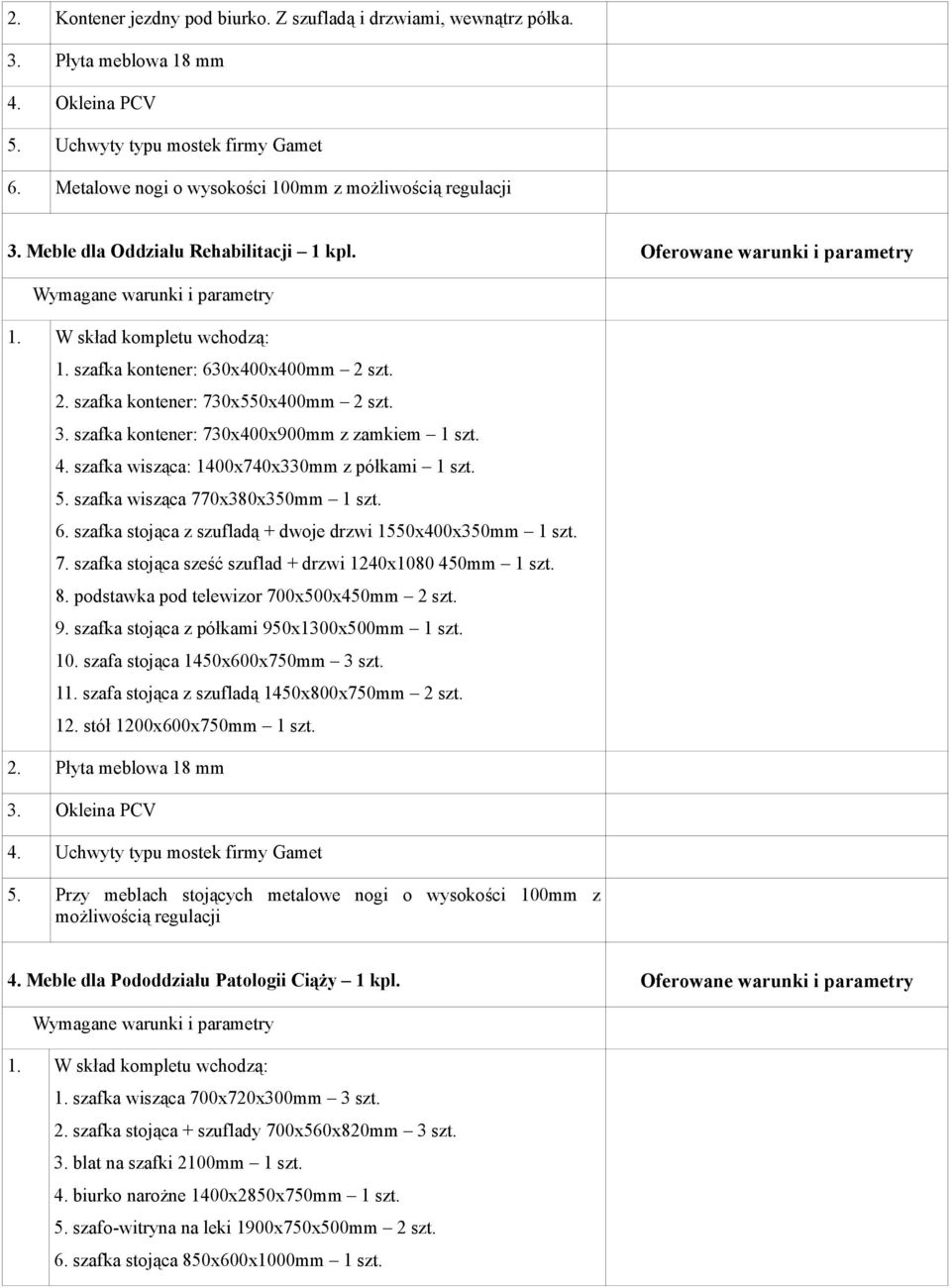 szt. 2. szafka kontener: 730x550x400mm 2 szt. 3. szafka kontener: 730x400x900mm z zamkiem 1 szt. 4. szafka wisząca: 1400x740x330mm z półkami 1 szt. 5. szafka wisząca 770x380x350mm 1 szt. 6.