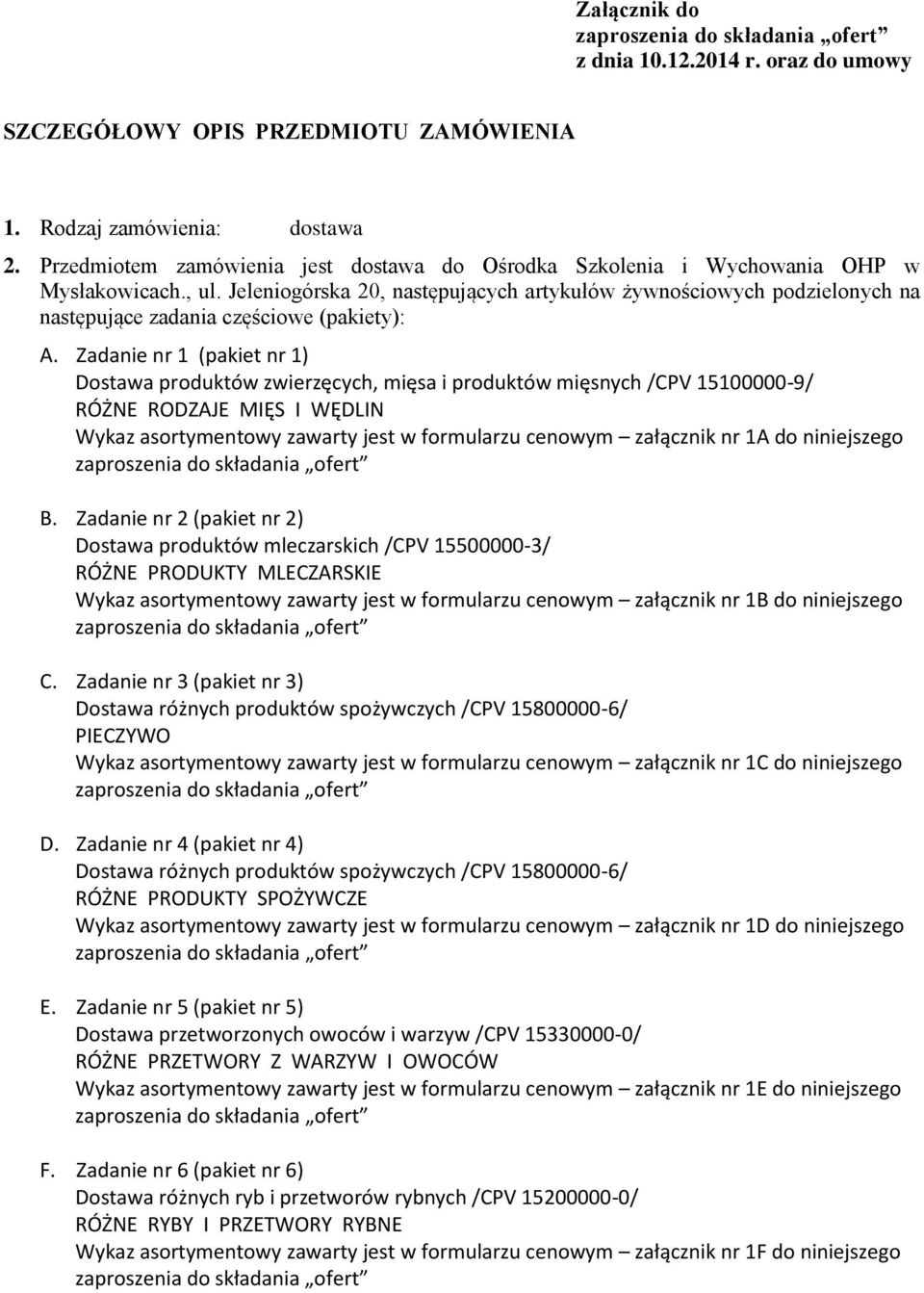 Jeleniogórska 20, następujących artykułów żywnościowych podzielonych na następujące zadania częściowe (pakiety): A.