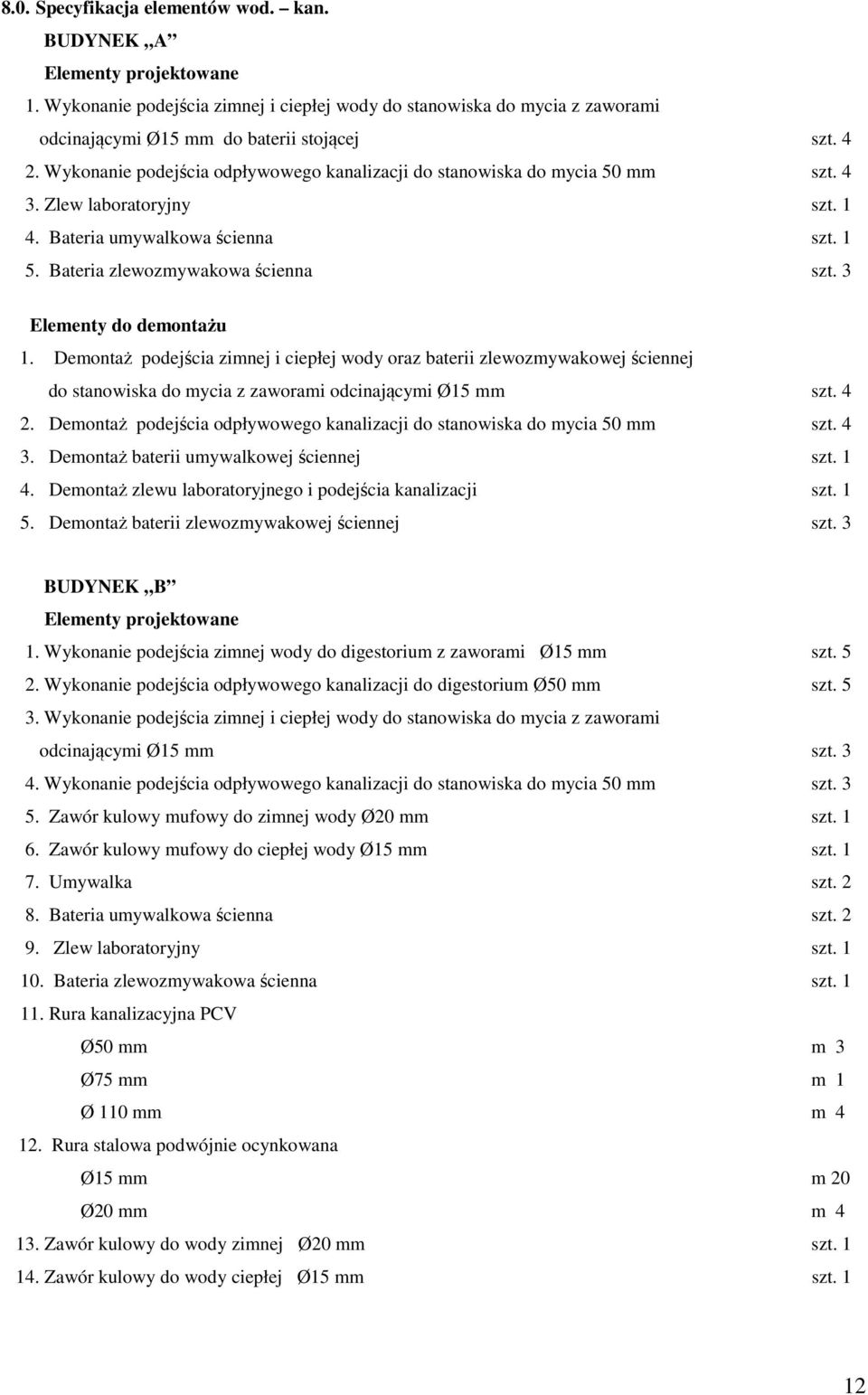 3 Elementy do demontażu 1. Demontaż podejścia zimnej i ciepłej wody oraz baterii zlewozmywakowej ściennej do stanowiska do mycia z zaworami odcinającymi Ø15 mm szt. 4 2.