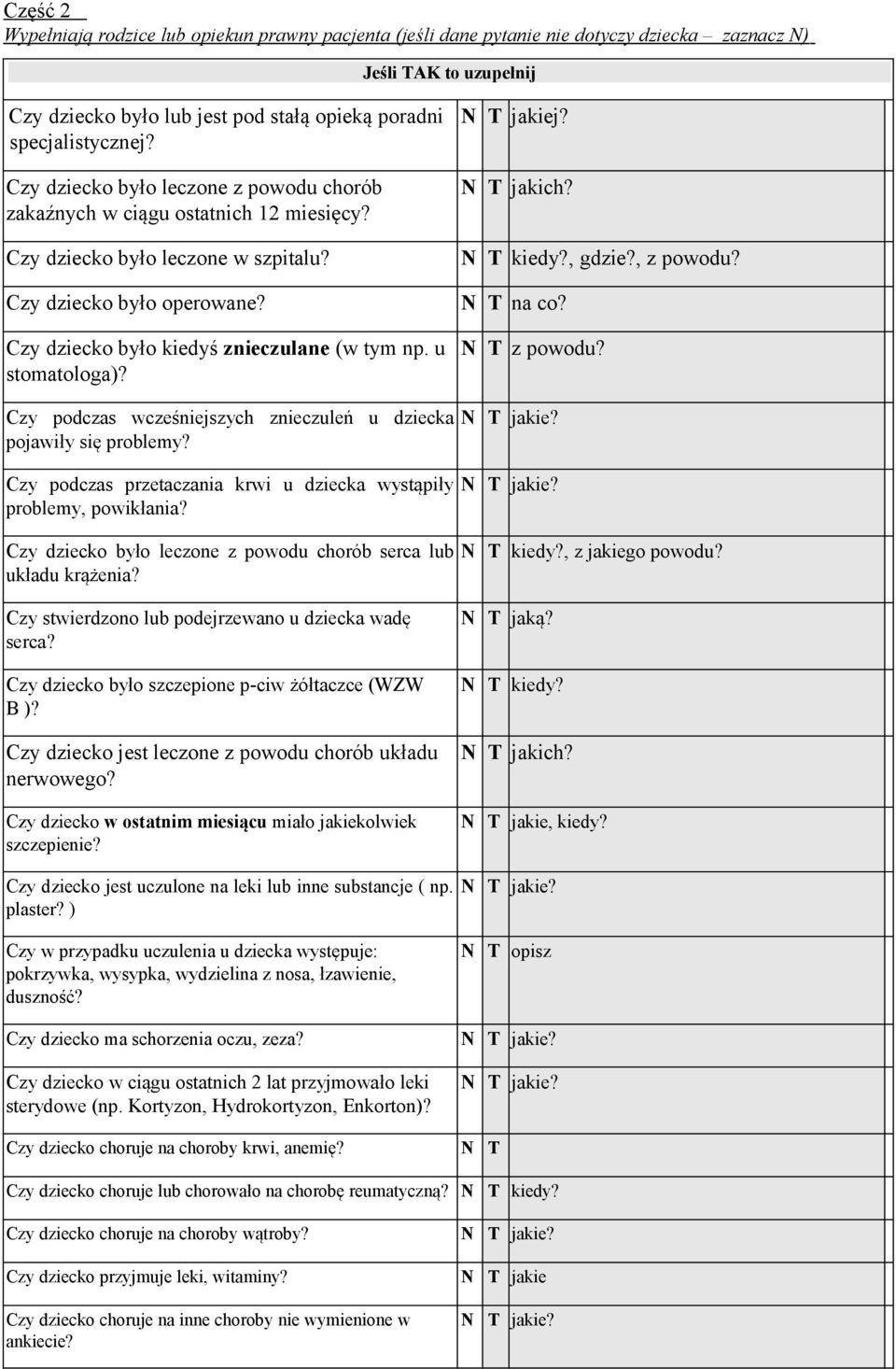 u stomatologa)? jakiej? jakich? kiedy?, gdzie?, z powodu? na co? z powodu? Czy podczas wcześniejszych znieczuleń u dziecka pojawiły się problemy?