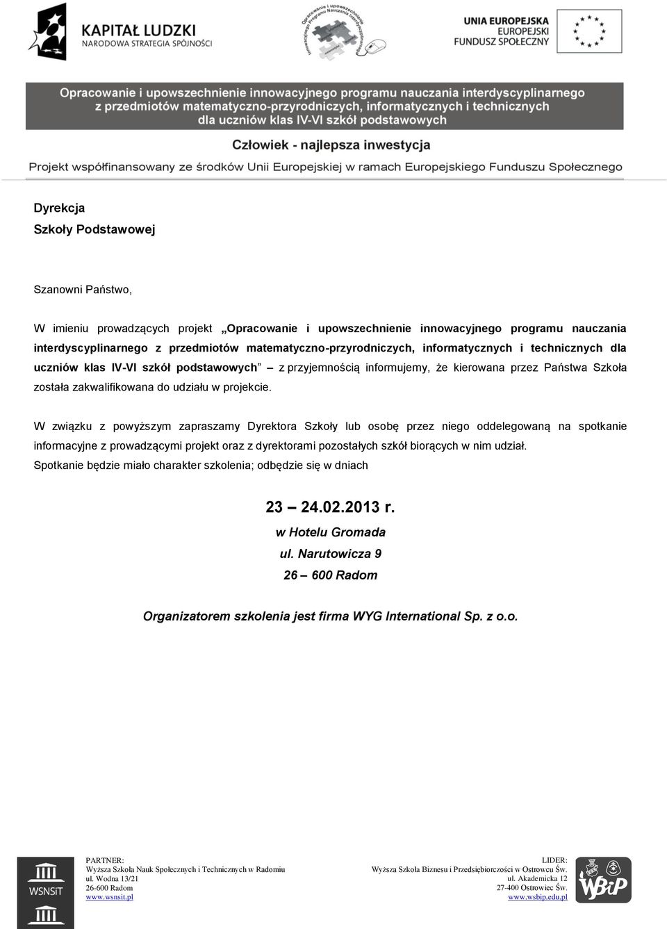 udziału w projekcie.