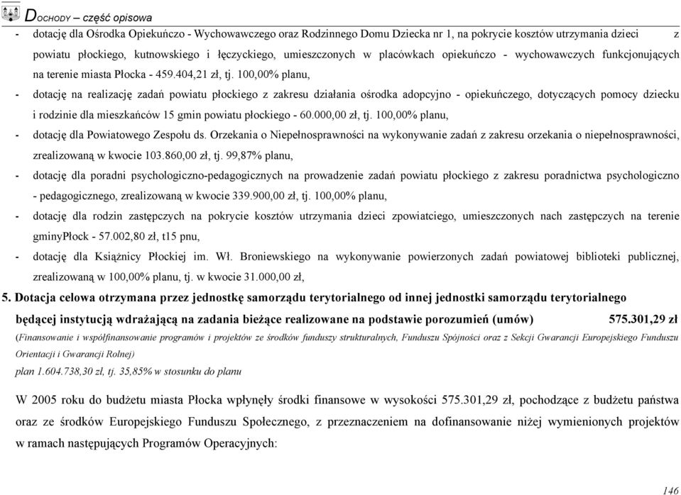 100,00% planu, - dotację na realizację zadań powiatu płockiego z zakresu działania ośrodka adopcyjno - opiekuńczego, dotyczących pomocy dziecku i rodzinie dla mieszkańców 15 gmin powiatu płockiego -