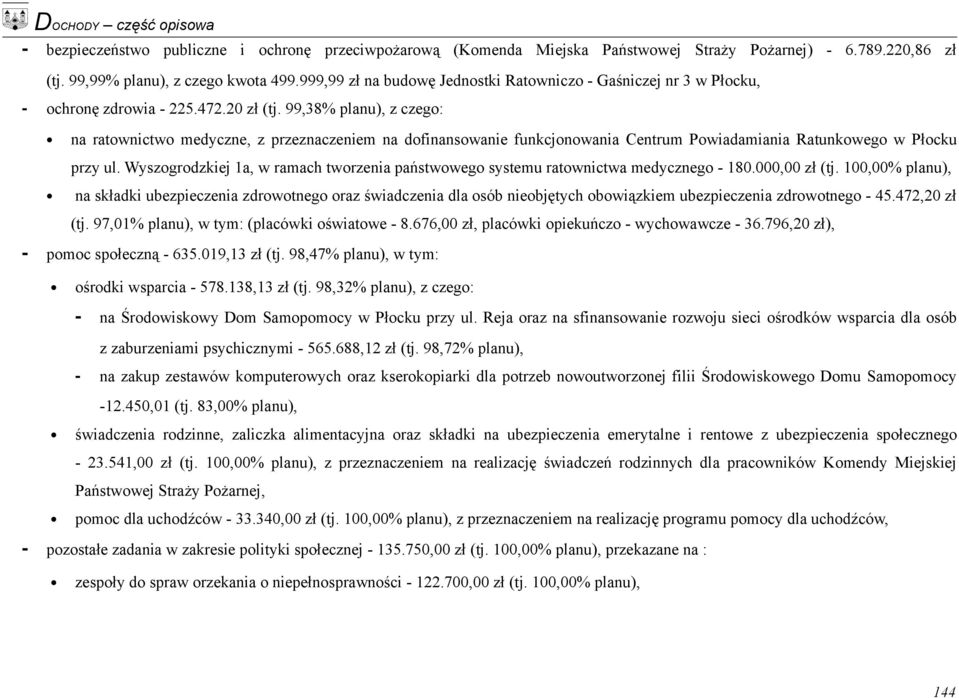 99,38% planu), z czego: na ratownictwo medyczne, z przeznaczeniem na dofinansowanie funkcjonowania Centrum Powiadamiania Ratunkowego w Płocku przy ul.