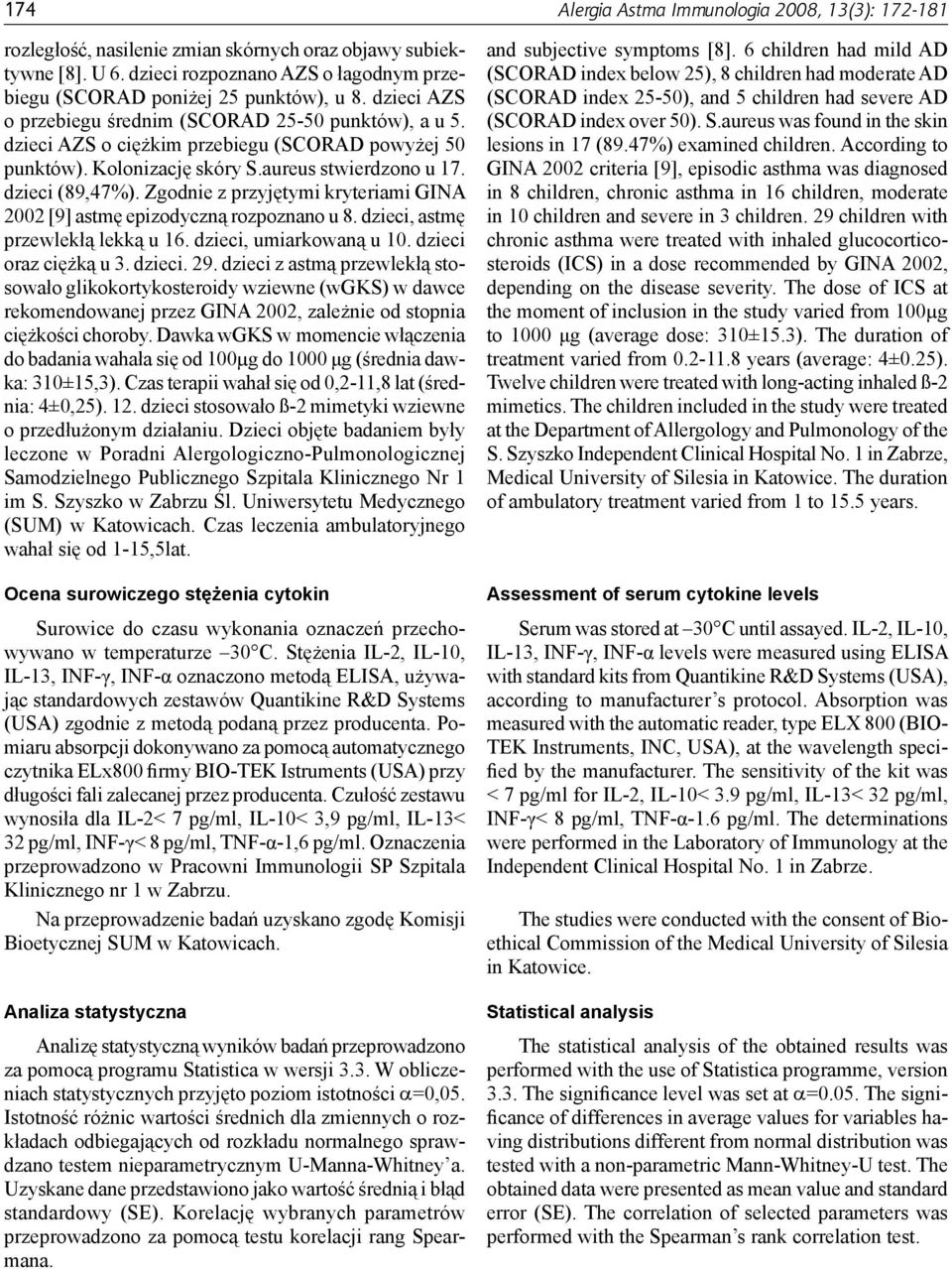 Zgodnie z przyjętymi kryteriami GINA 2002 [9] astmę epizodyczną rozpoznano u 8. dzieci, astmę przewlekłą lekką u 16. dzieci, umiarkowaną u 10. dzieci oraz ciężką u 3. dzieci. 29.