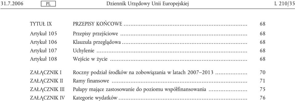 .. 68 ZAŁĄCZNIK I Roczny podział środków na zobowiązania w latach 2007 2013.