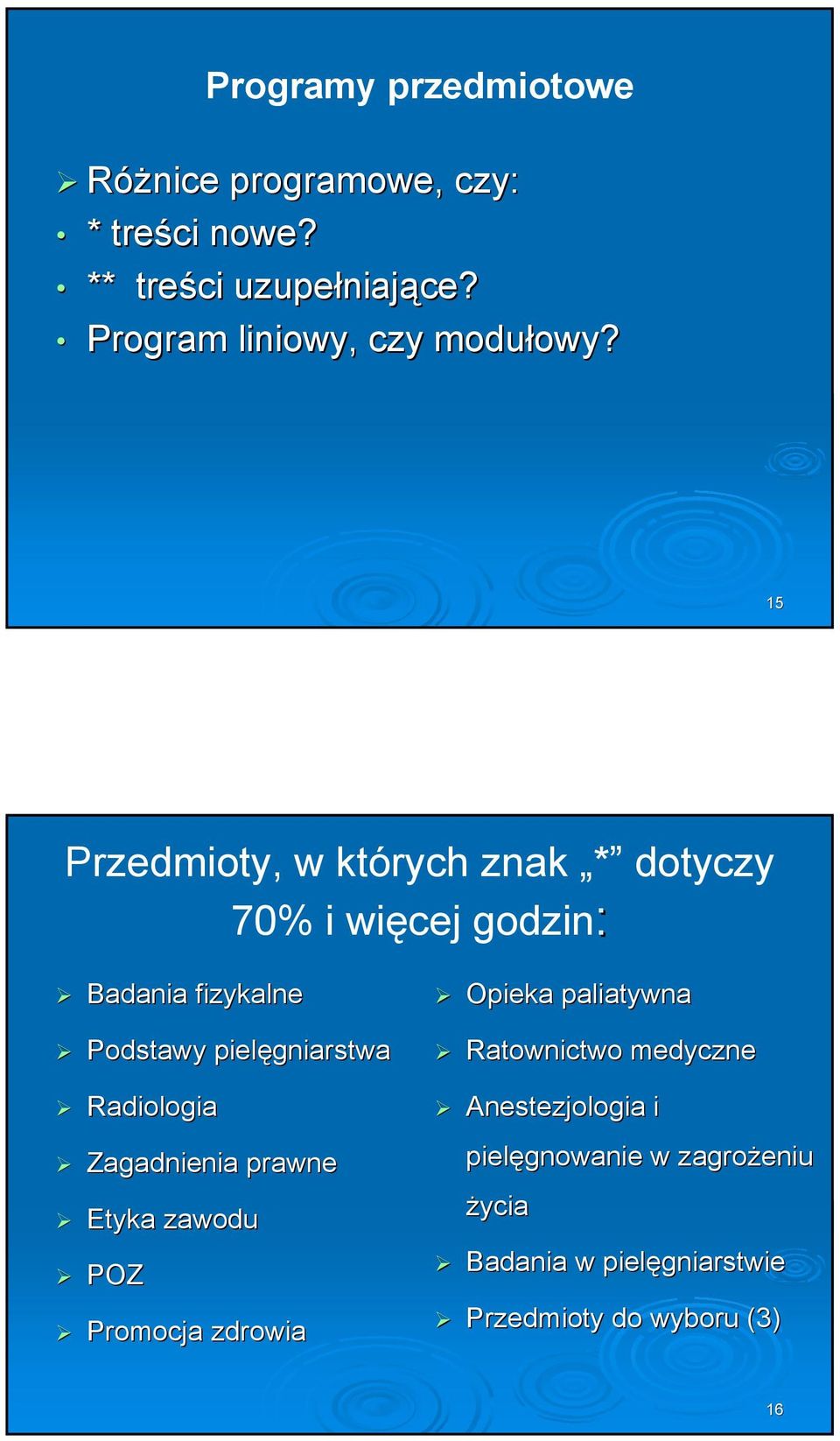 15 Przedmioty, w których znak * dotyczy 70% i więcej godzin: Badania fizykalne Podstawy pielęgniarstwa